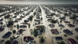 Flooded neighborhood with submerged houses and trees.