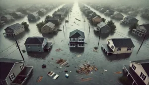 Flooded neighborhood with submerged houses and debris.