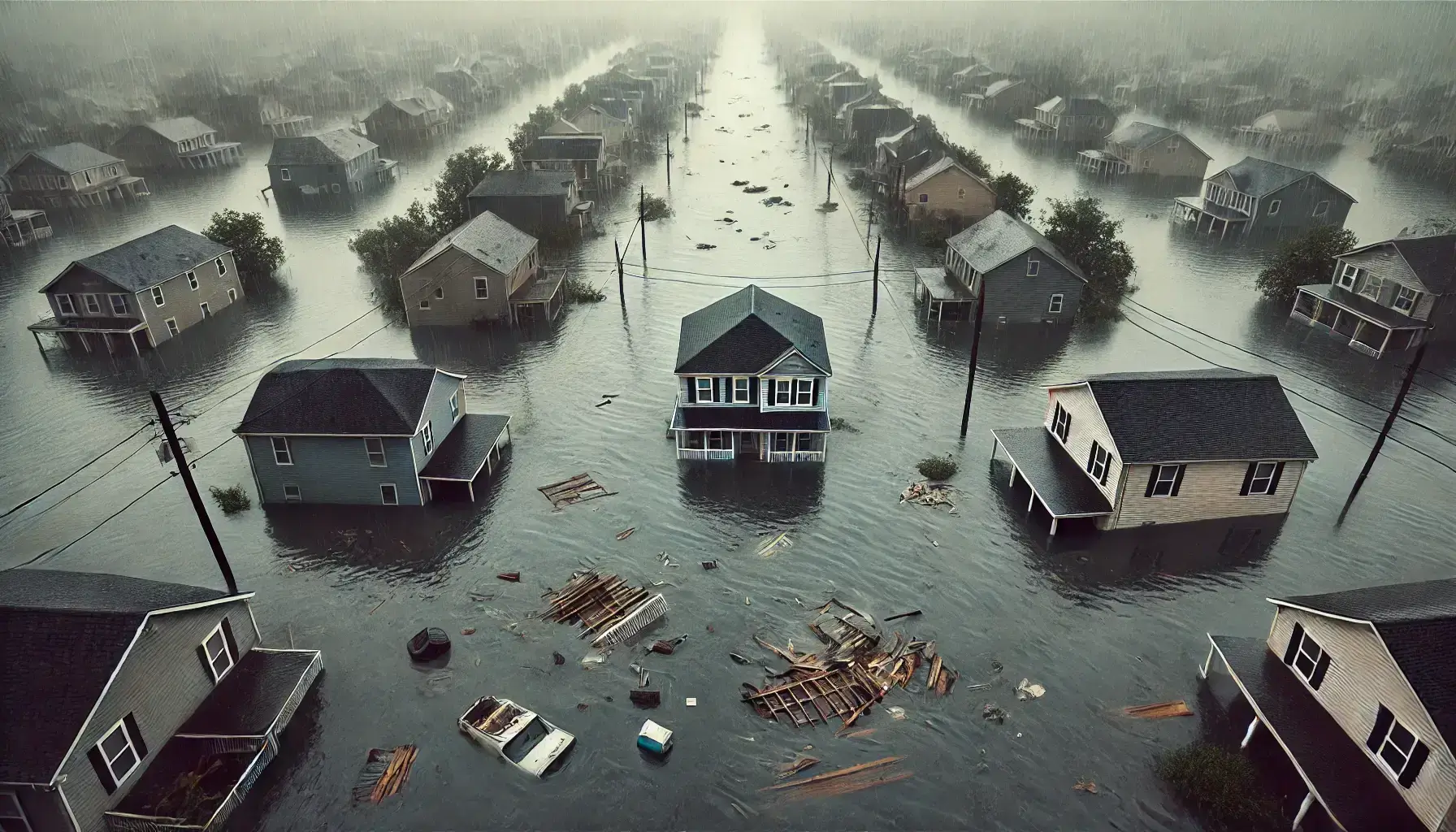 Aerial shot of storm-flooded houses and wreckage