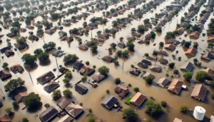 Flooded suburban neighborhood with submerged houses.